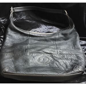 Vintage Fossil Black Leather Hobo Shoulder Bag Classic Old Money Zip Top